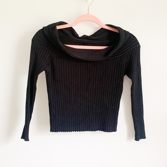Zara Knit Black Off the shoulder Ribbed Cropped 3/4 Sleeve Top Small - Picture 5 of 10